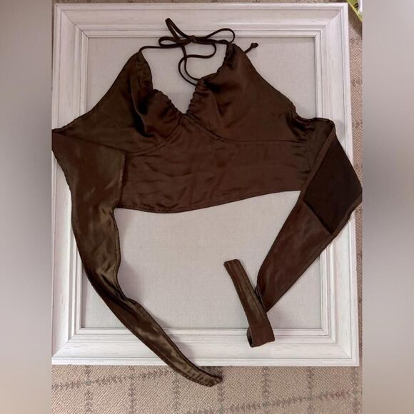 Motel Rocks brown scarf halter tie ruched satin crop top S/M - Picture 1 of 9